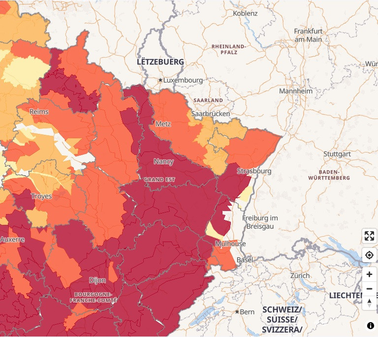 Carte représentant la sécheresse dans le Grand Est