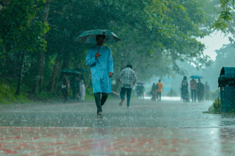 Un homme vêtu de bleu marche sous une pluie battante, un parapluie à la main, sur un chemin bordé d'arbres.