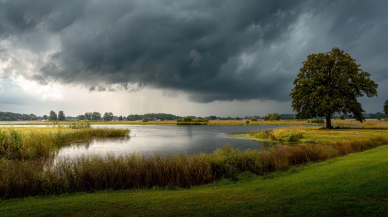 Nuages d'orage dramatiques sur un paysage lacustre serein