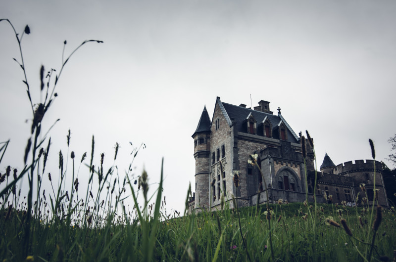 Une prise de vue à faible angle d'un vieux et magnifique château sur une colline herbeuse
