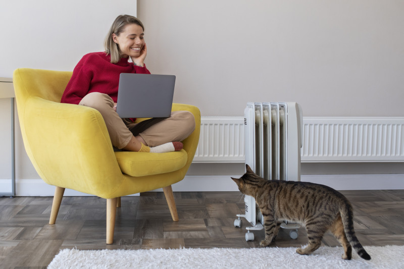 Femme souriante complète travaillant avec un ordinateur portable