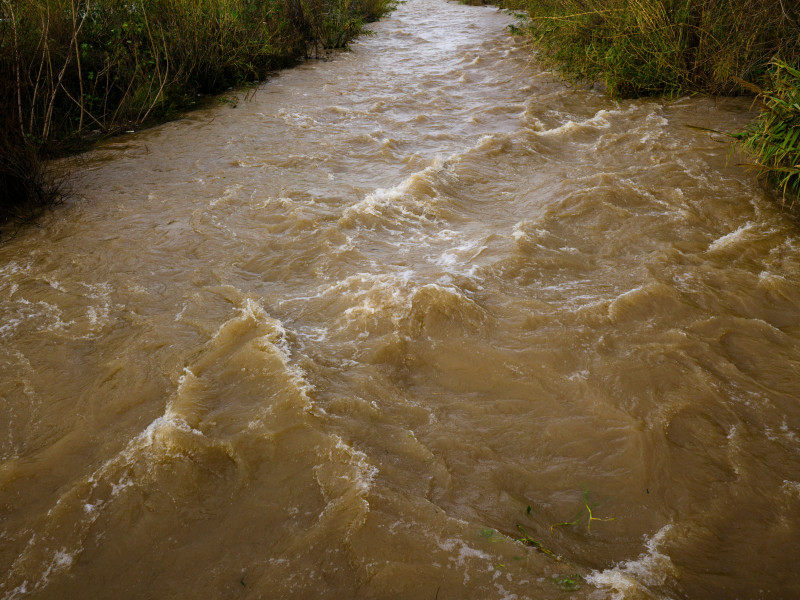 Une rivière boueuse coule rapidement à travers un paysage naturel après de fortes pluies, illustrant l'érosion et les inondations.