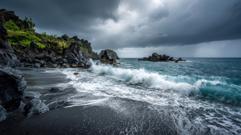 Littoral rocheux spectaculaire avec des vagues déferlantes sous un ciel orageux