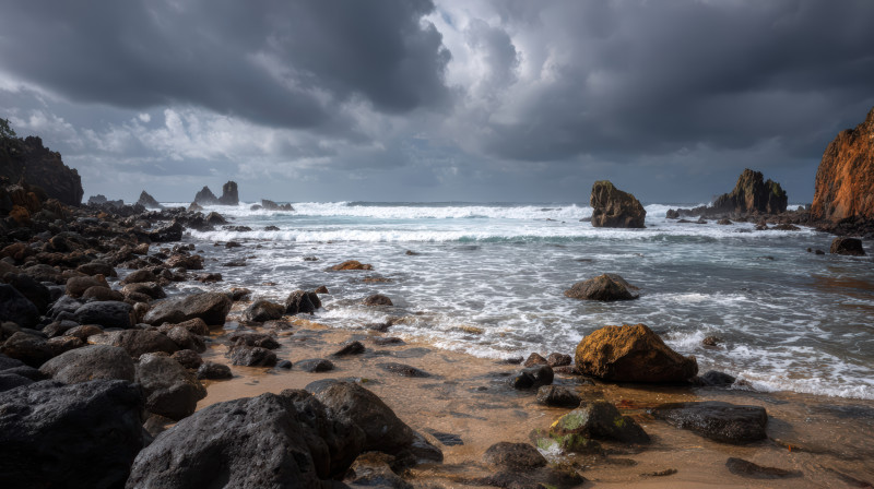 Littoral rocheux spectaculaire avec des vagues déferlantes sous un ciel orageux