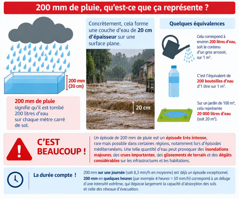 Infographique explicative sur ce que représente 200 mm de pluie