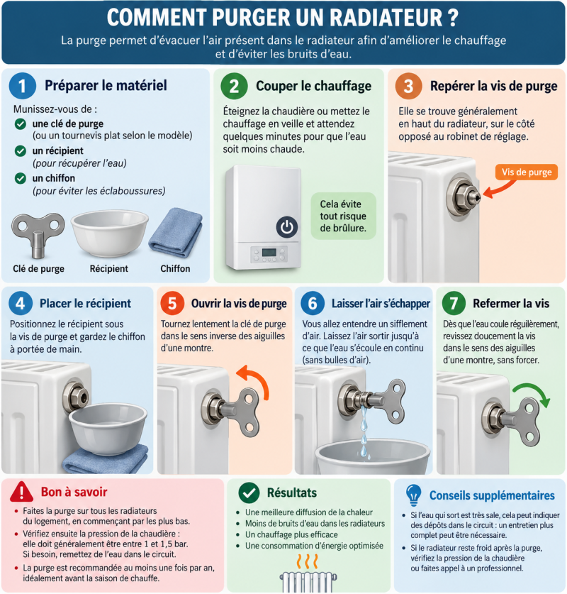 Infographie expliquant comment purger un radiateur
